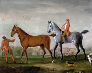 Two Racehorses with Grooms and Hounds in the Park at Newstead Abbey, Nottinghamshire